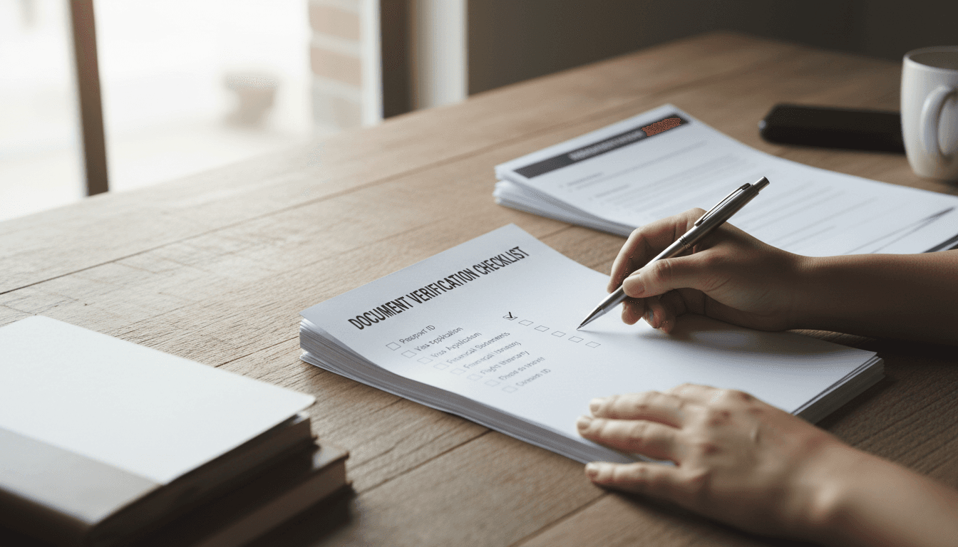 Hands checking a document checklist against a pile of immigration papers on a desk