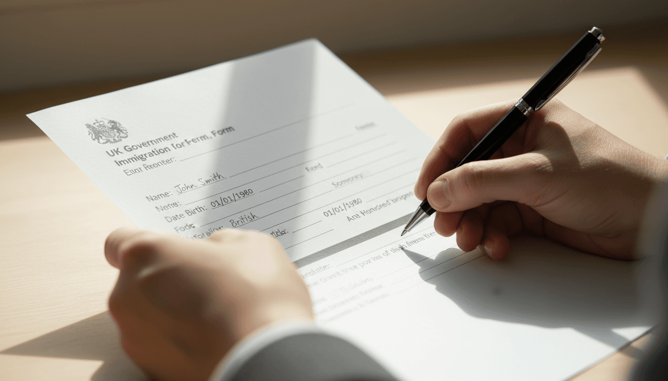Hands filling out an immigration form on a desk