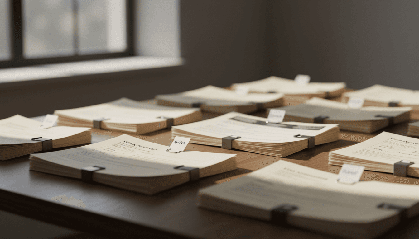 Organised documents and application forms on a desk