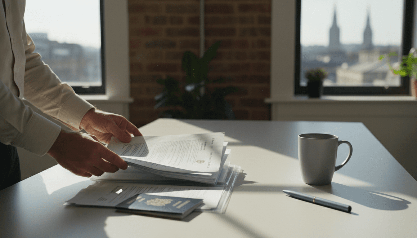 Hands organising passport and official documents into a folder on a desk