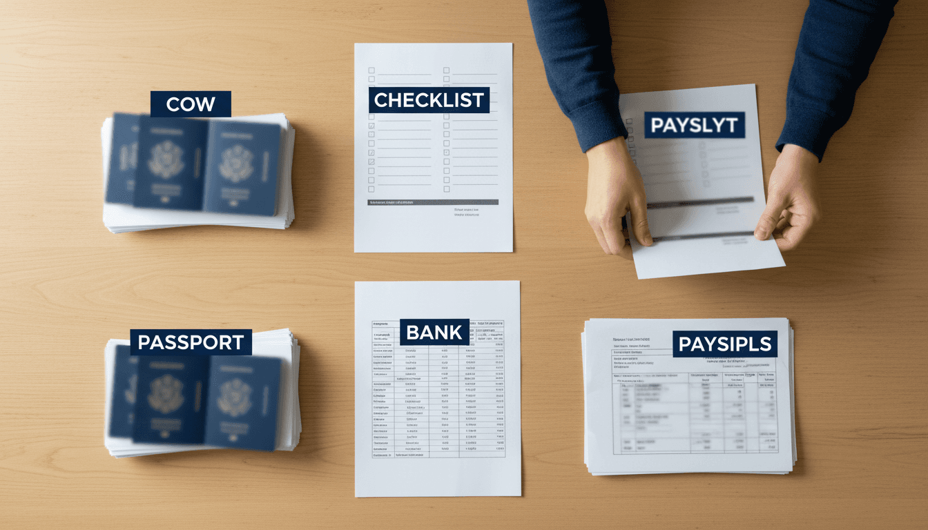 Organised documents and passport on a desk