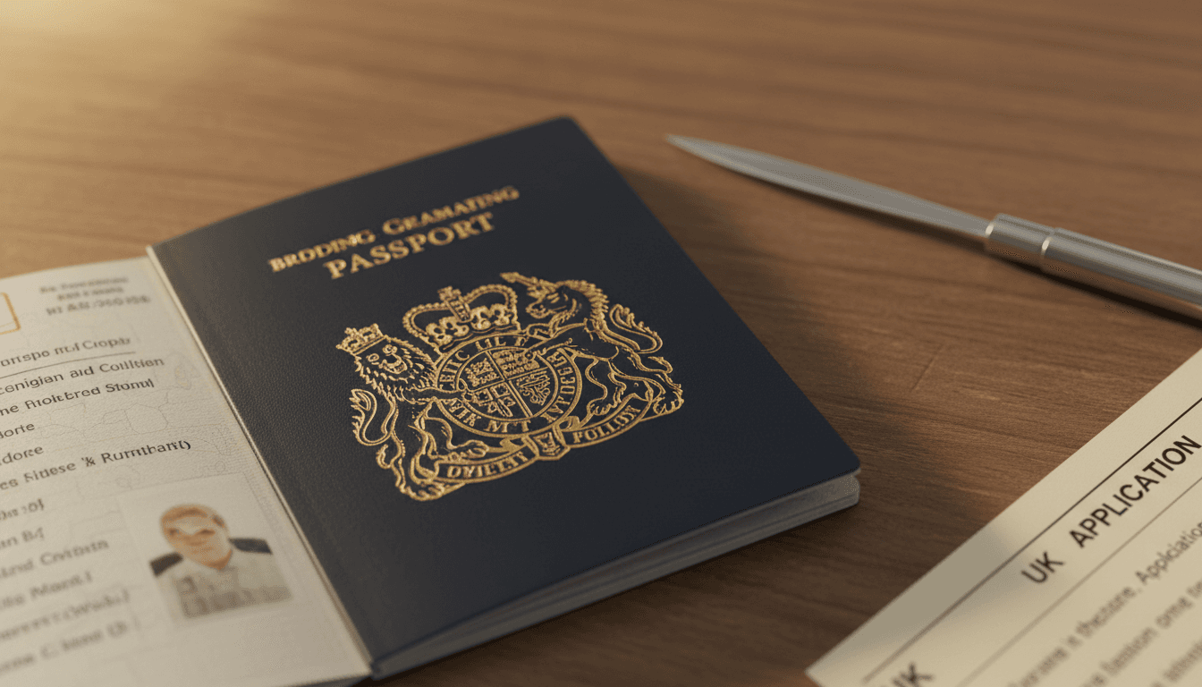 Open passport resting on a desk with a visa application form visible
