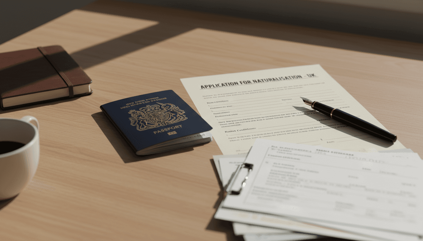 A desk with a UK passport, an immigration application form, and neatly stacked supporting documents