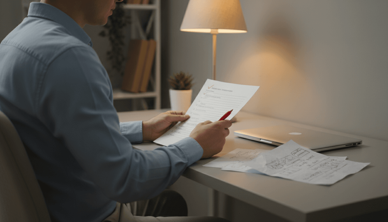 Person checking a document with a red pen