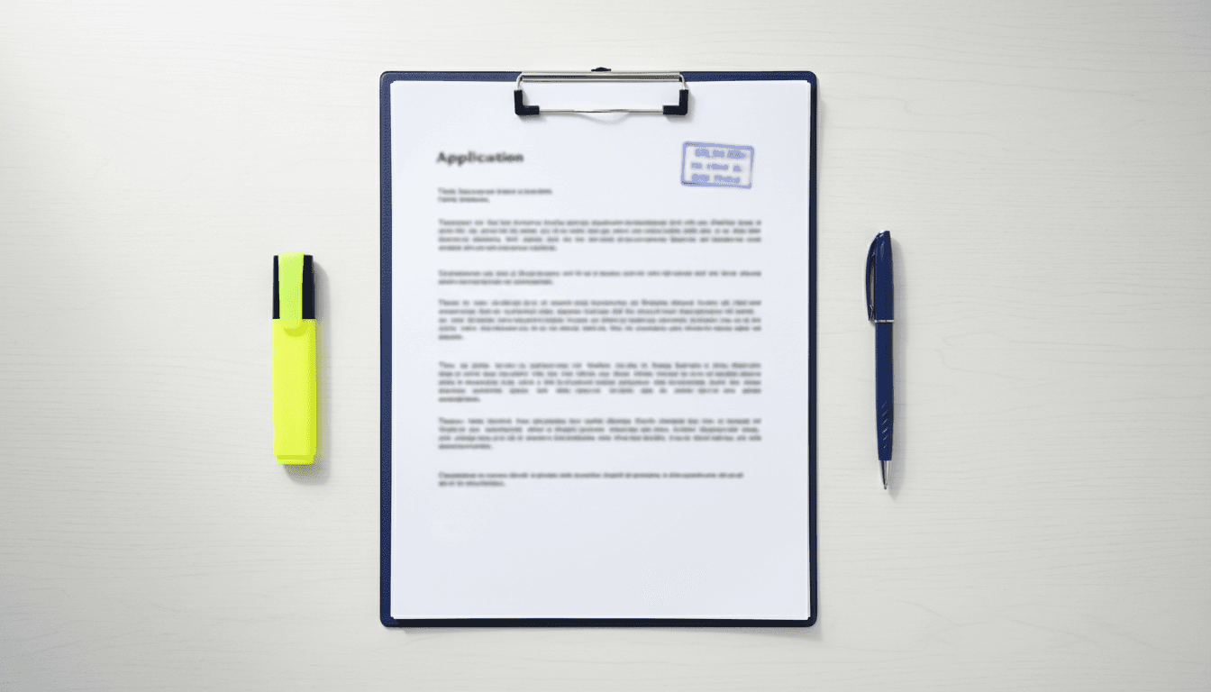 Completed application file with highlighter and pen