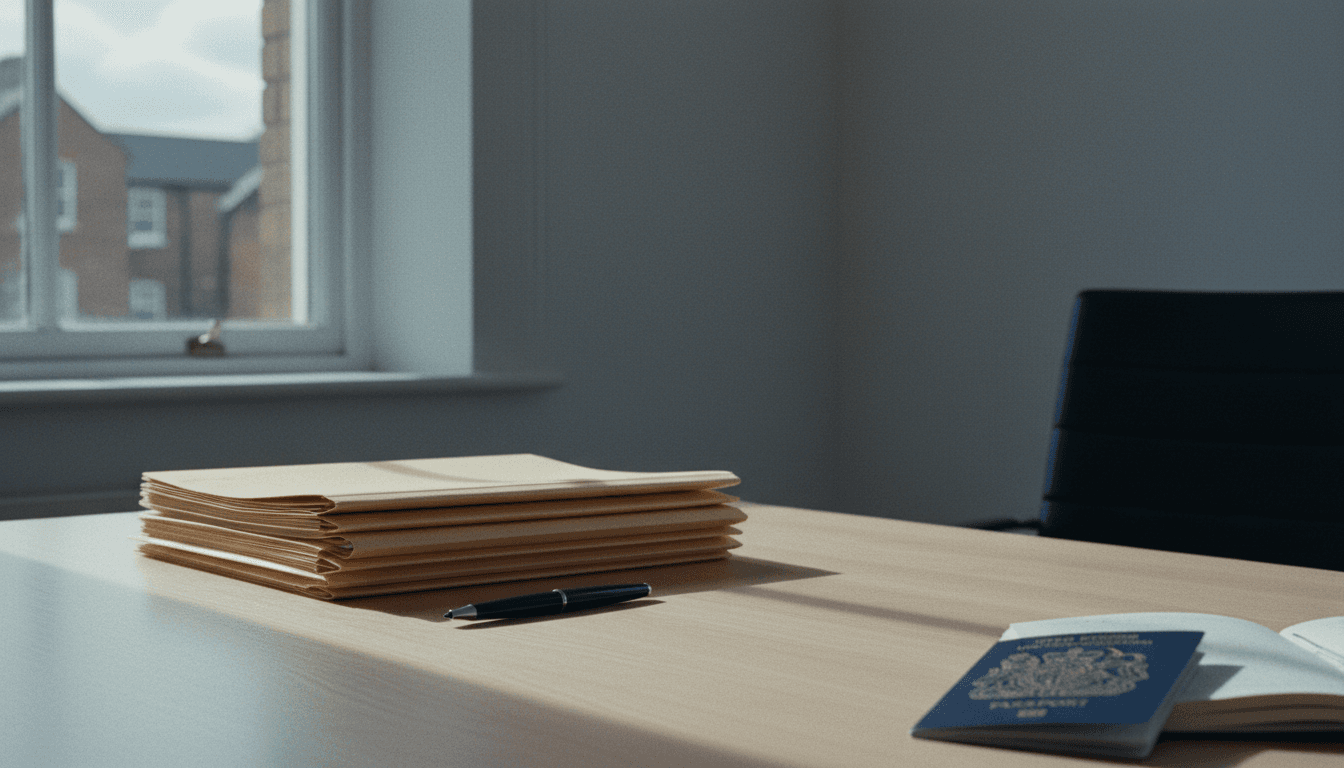 A neatly arranged desk with folders, a pen, and a passport near a window in London