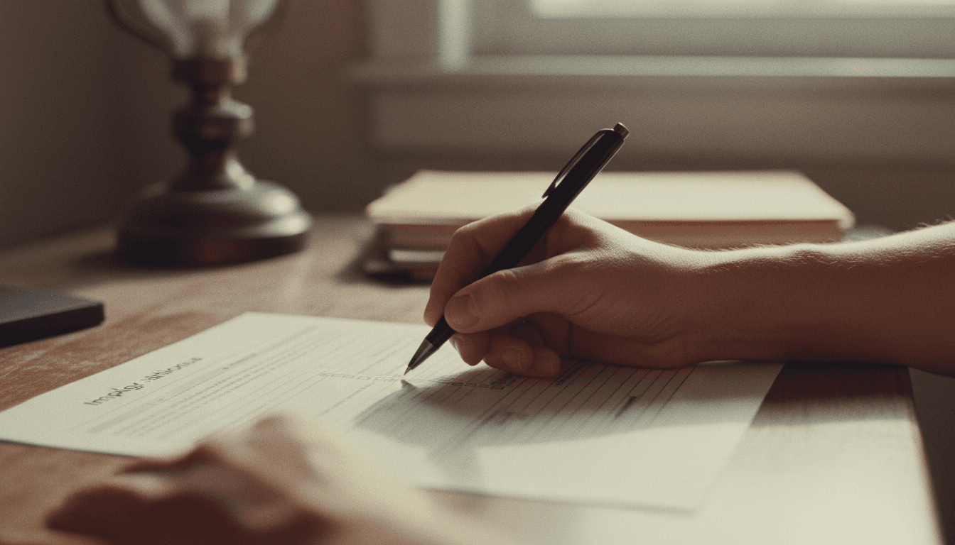 Person checking an application form with a pen