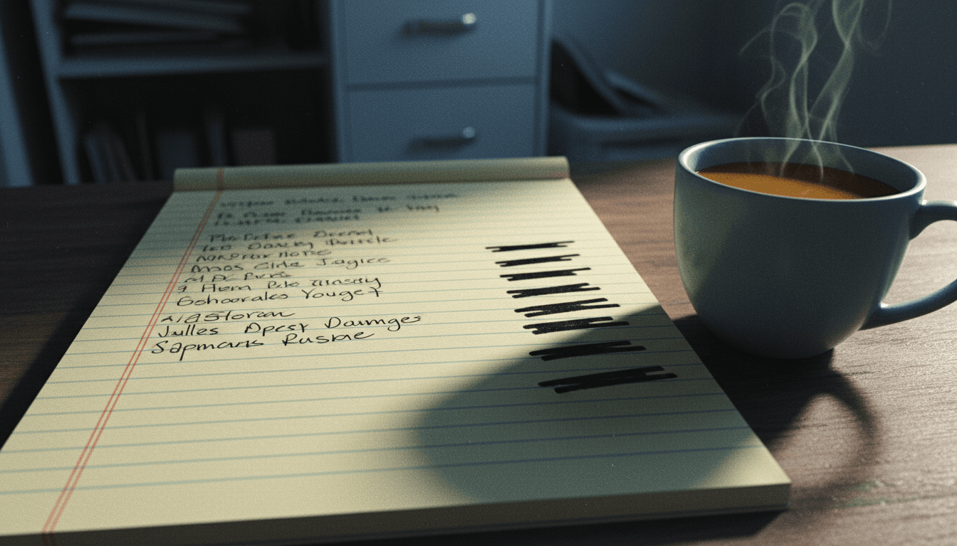 Checklist and notes on a legal pad
