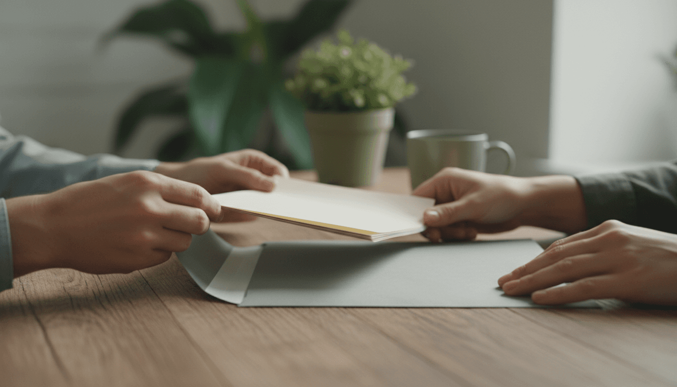 Hands placing documents into an envelope