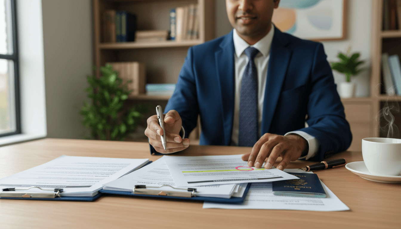 Consultant reviewing documents at a desk