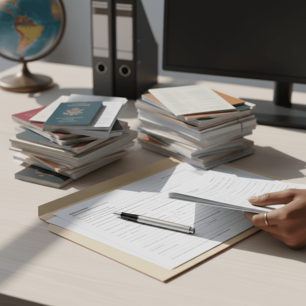 Immigration documents and passport on desk