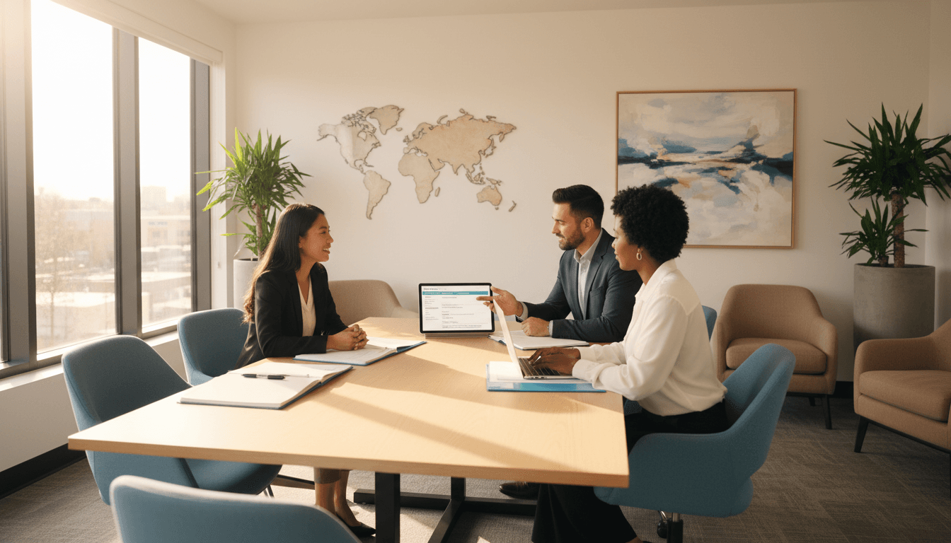 Two professionals reviewing immigration documents in a modern office