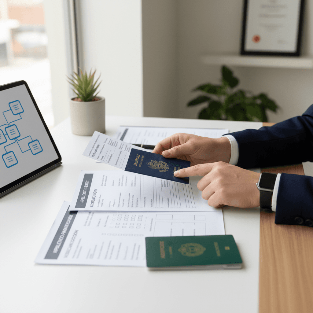 Specialist reviewing immigration case documents at desk