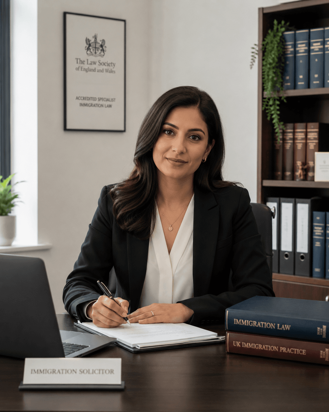 Professional immigration solicitor writing at a desk with law books and a Law Society certificate.