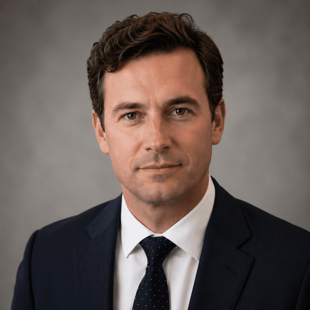 Man with dark wavy hair and green eyes wearing a navy suit against gray background.