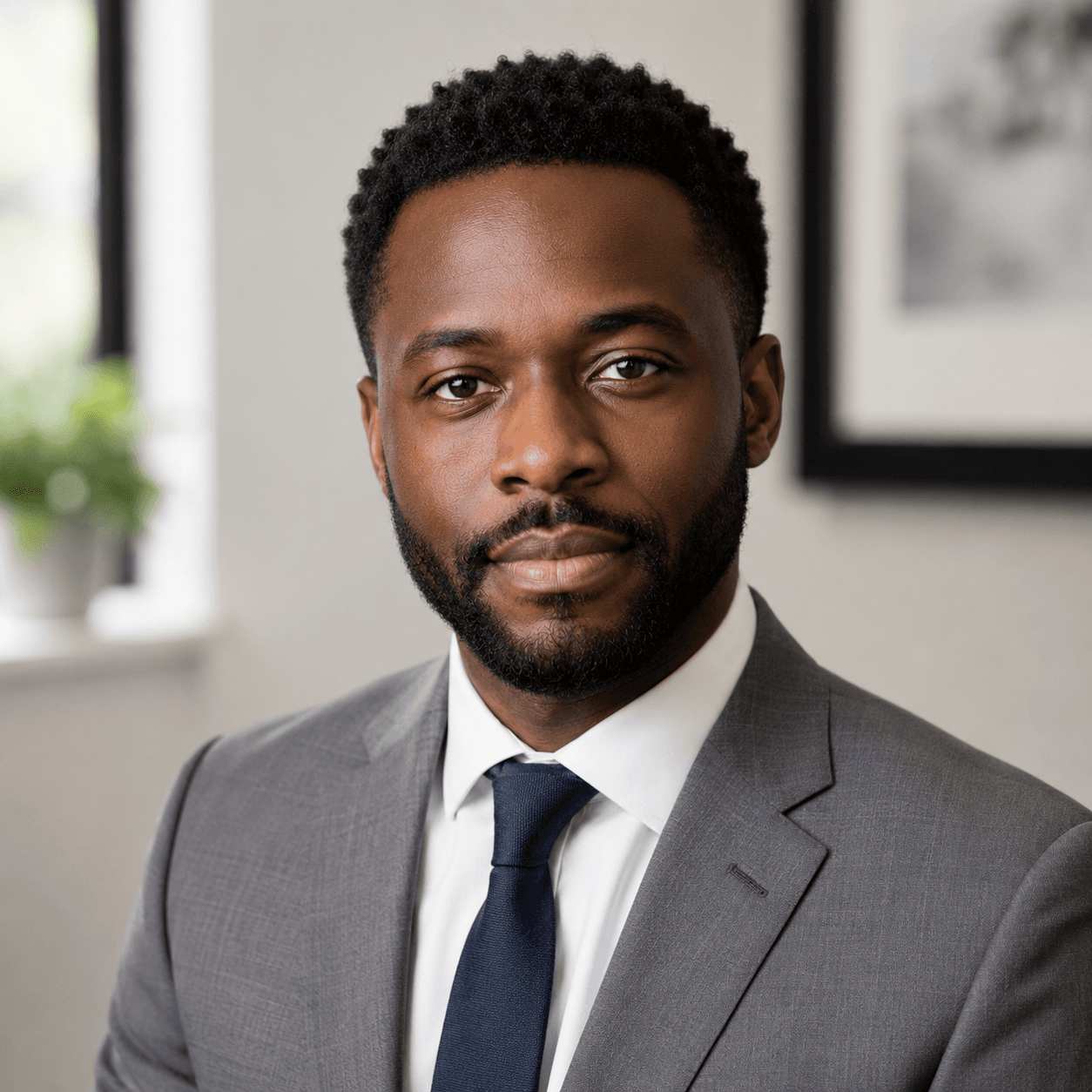 Professional Black man with a beard wearing a grey suit and blue tie, office background.