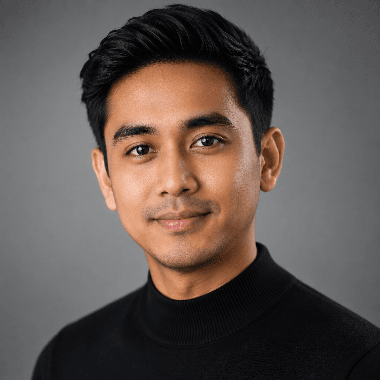 Smiling young man with dark hair and brown eyes wearing a black turtleneck sweater.